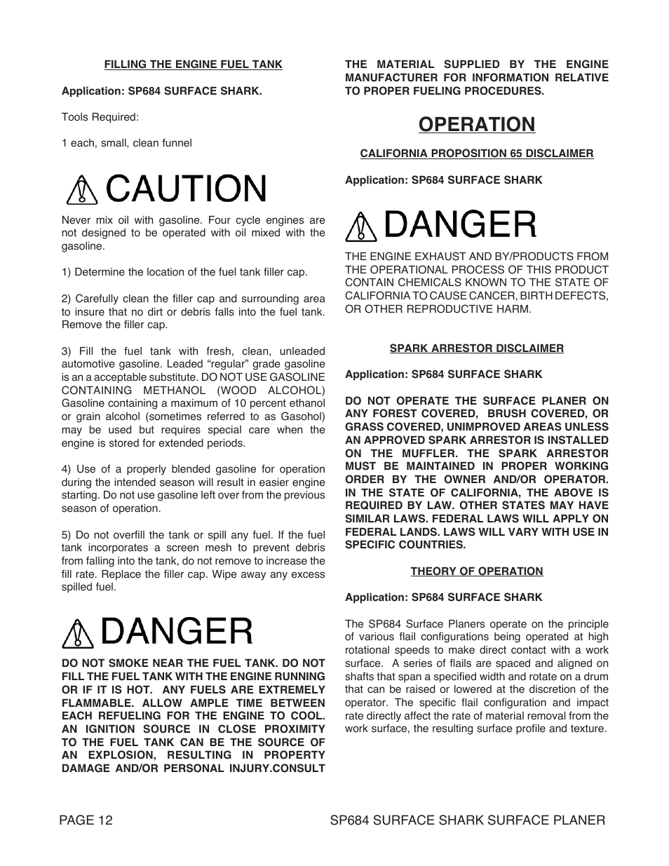 Operation | Marshalltown SP684 SURFACE SHARK Surface Planer User Manual | Page 12 / 60