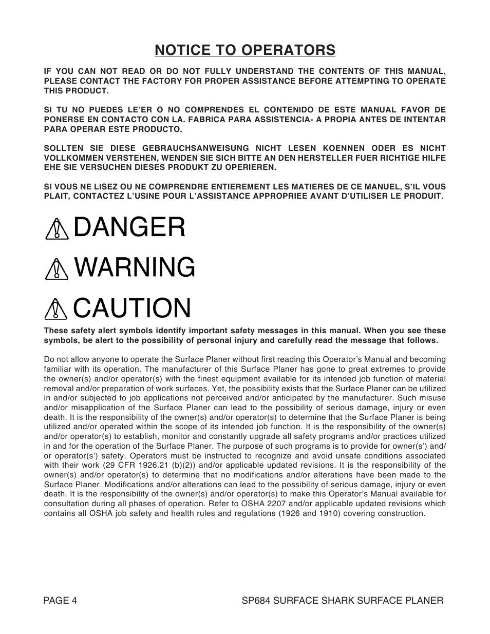 Notice to operators | Marshalltown SP684 SURFACE SHARK Surface Planer User Manual | Page 4 / 60