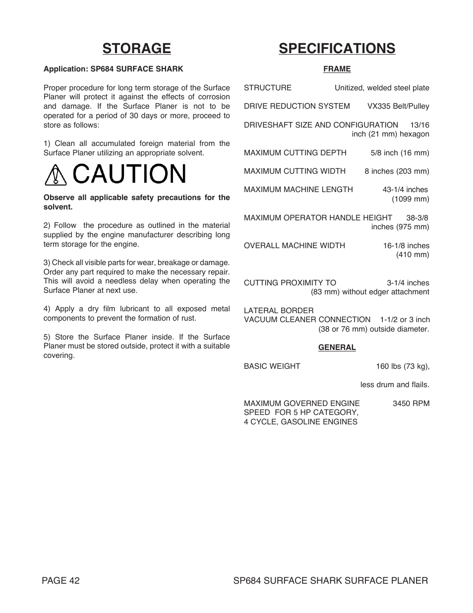 Storage, Specifications | Marshalltown SP684 SURFACE SHARK Surface Planer User Manual | Page 42 / 60