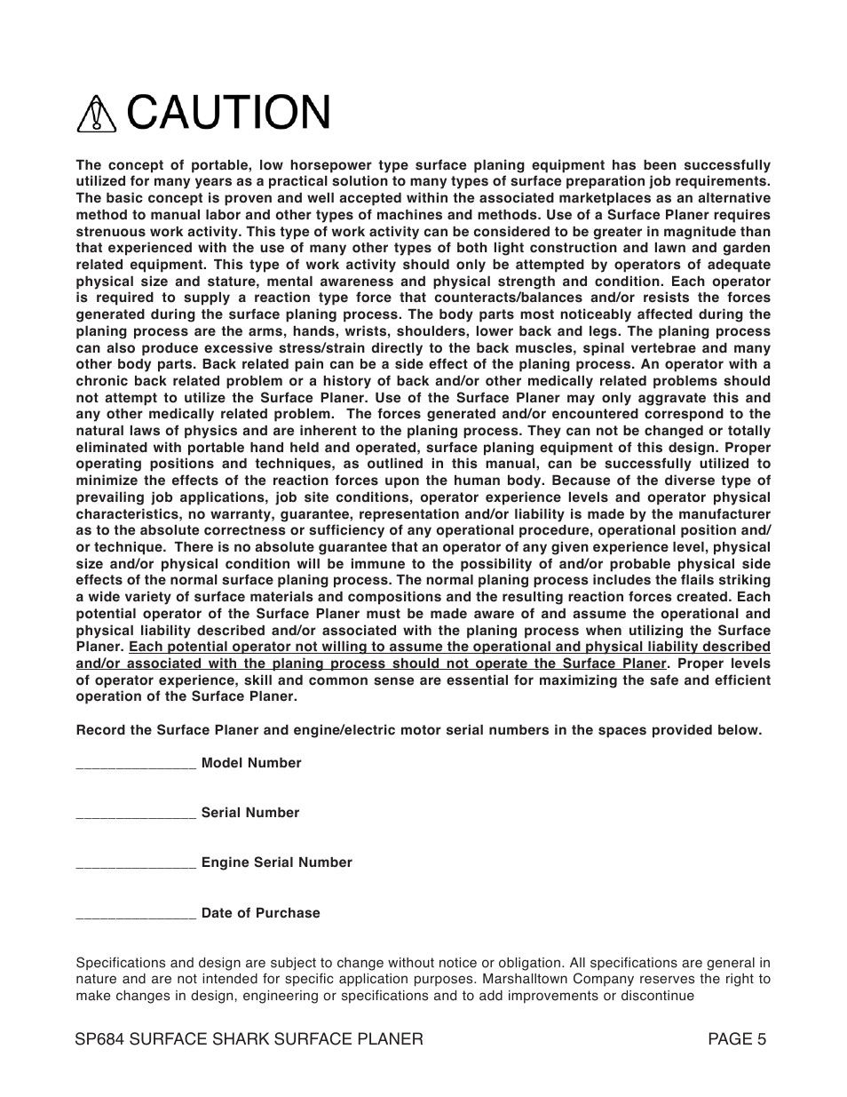 Marshalltown SP684 SURFACE SHARK Surface Planer User Manual | Page 5 / 60