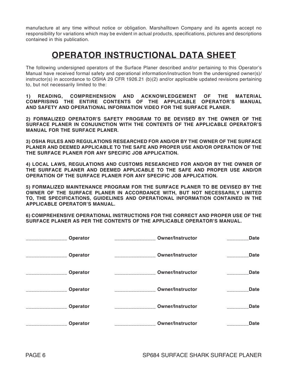 Operator instructional data sheet | Marshalltown SP684 SURFACE SHARK Surface Planer User Manual | Page 6 / 60
