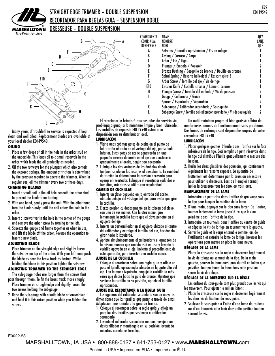 Marshalltown E22 Straight Edge Trimmer User Manual | 1 page