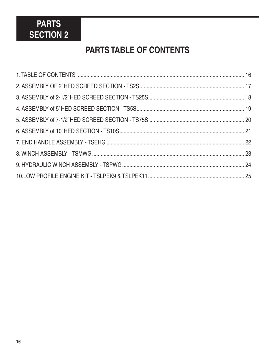 Parts table of contents | Marshalltown Truss Screed User Manual | Page 16 / 28