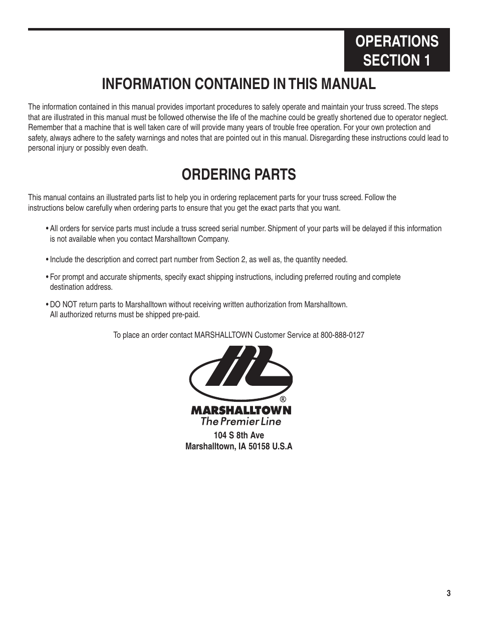 Ordering parts | Marshalltown Truss Screed User Manual | Page 3 / 28