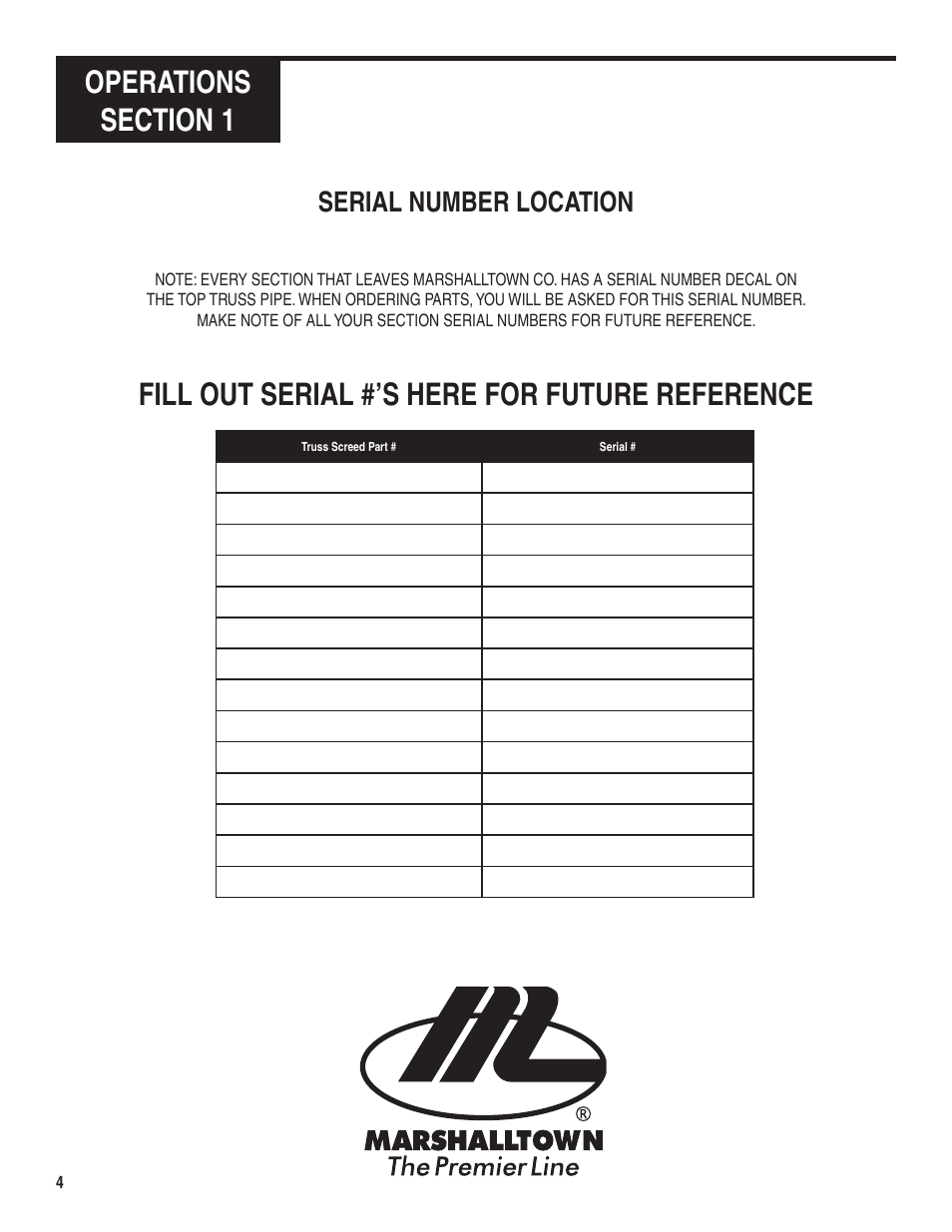 Fill out serial #’s here for future reference, Serial number location | Marshalltown Truss Screed User Manual | Page 4 / 28