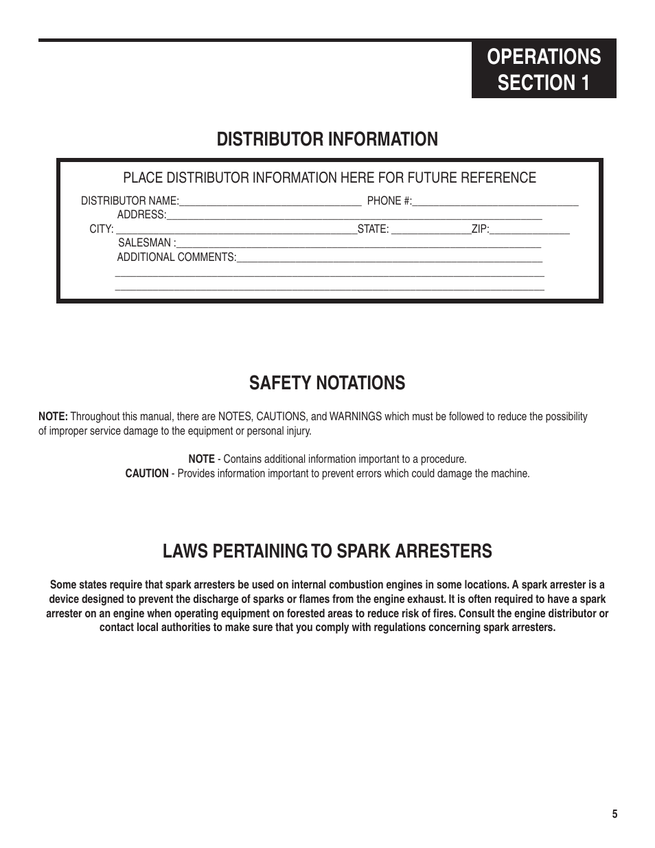 Distributor information safety notations, Laws pertaining to spark arresters | Marshalltown Truss Screed User Manual | Page 5 / 28