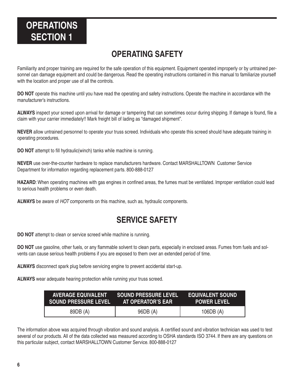 Operating safety service safety | Marshalltown Truss Screed User Manual | Page 6 / 28