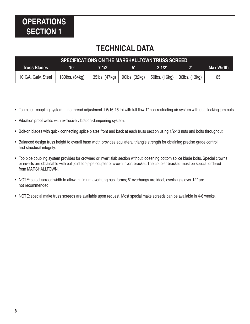 Technical data | Marshalltown Truss Screed User Manual | Page 8 / 28