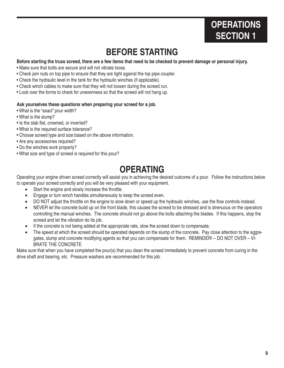 Operating | Marshalltown Truss Screed User Manual | Page 9 / 28