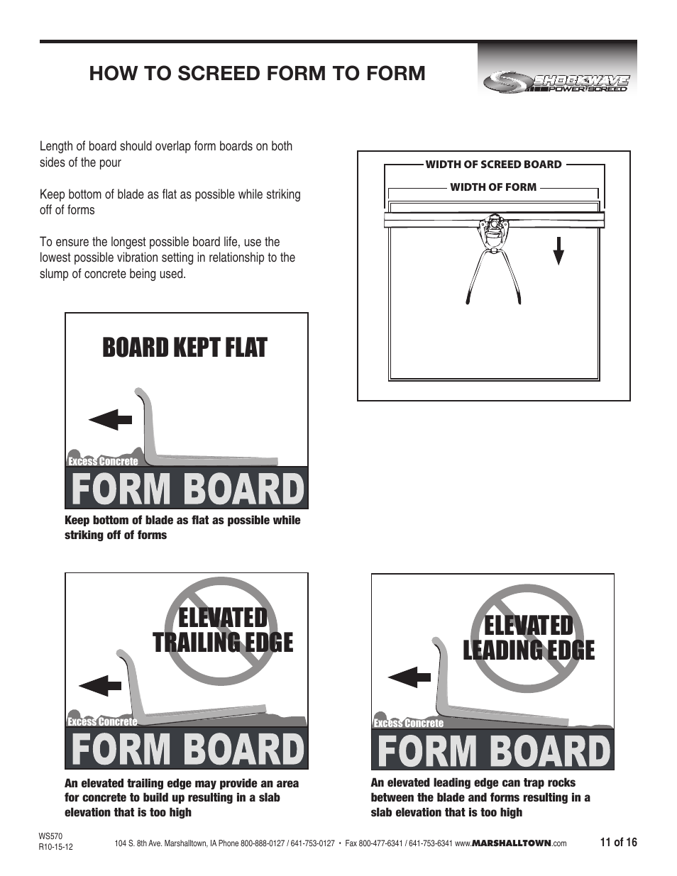 Elevated trailing edge, Elevated leading edge, Board kept flat | How to screed form to form | Marshalltown SW100H Shockwave Vibratory Screed User Manual | Page 11 / 16