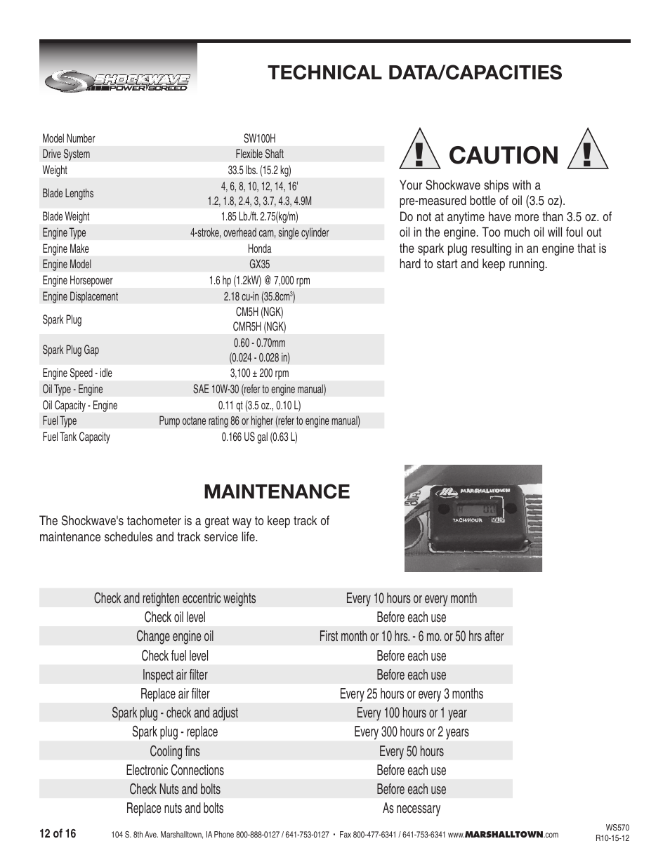 Caution, Technical data/capacities, Maintenance | Marshalltown SW100H Shockwave Vibratory Screed User Manual | Page 12 / 16