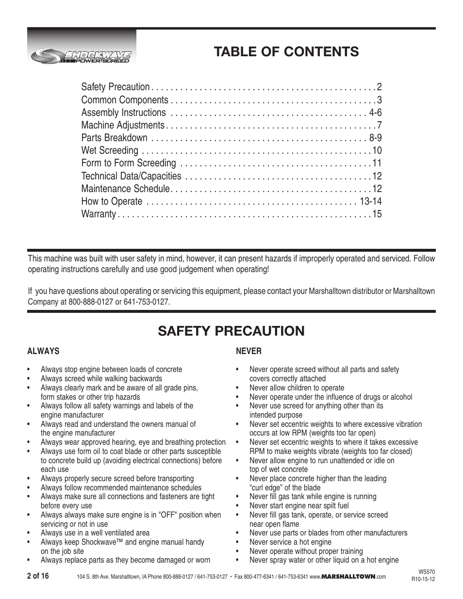 Table of contents safety precaution | Marshalltown SW100H Shockwave Vibratory Screed User Manual | Page 2 / 16