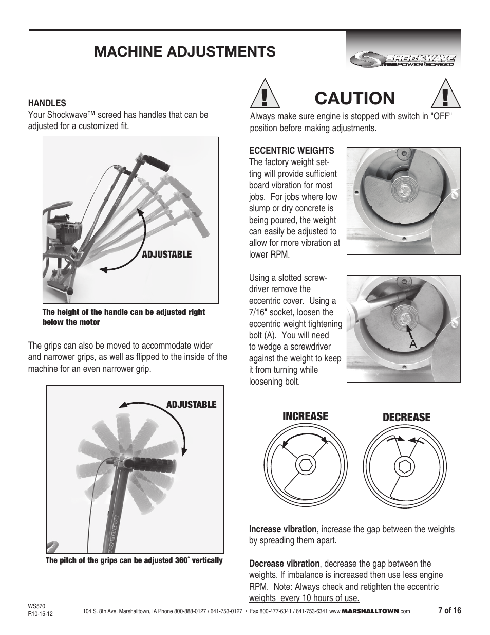 Caution, Machine adjustments | Marshalltown SW100H Shockwave Vibratory Screed User Manual | Page 7 / 16