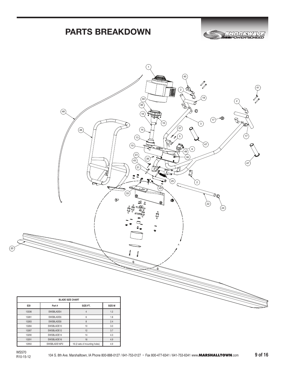 Parts breakdown, 9 of 16 | Marshalltown SW100H Shockwave Vibratory Screed User Manual | Page 9 / 16