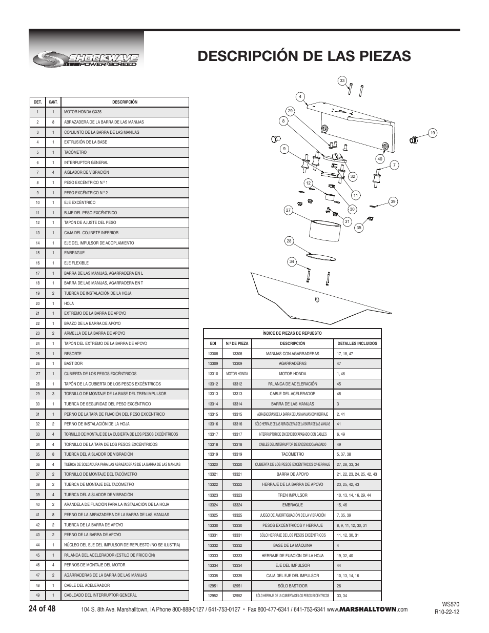 Descripción de las piezas, 24 of 48 | Marshalltown SW100H Shockwave Vibratory Screed User Manual | Page 24 / 48