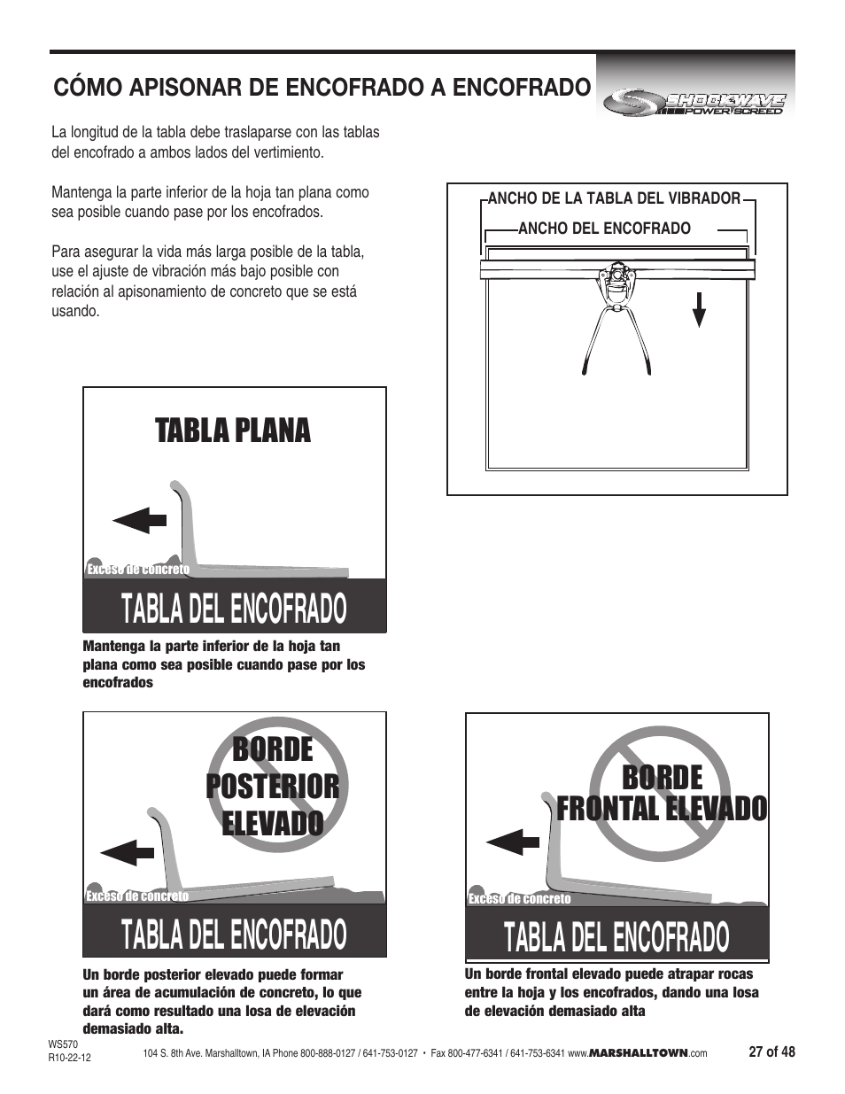 Tabla del encofrado, Borde posterior elevado, Borde frontal elevado | Tabla plana, Cómo apisonar de encofrado a encofrado | Marshalltown SW100H Shockwave Vibratory Screed User Manual | Page 27 / 48