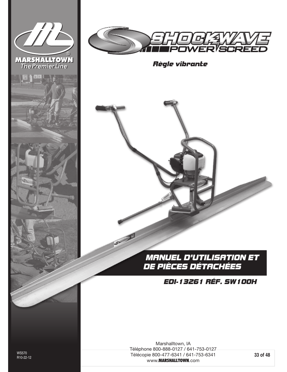 Manuel d’utilisation et de pièces détachées | Marshalltown SW100H Shockwave Vibratory Screed User Manual | Page 33 / 48