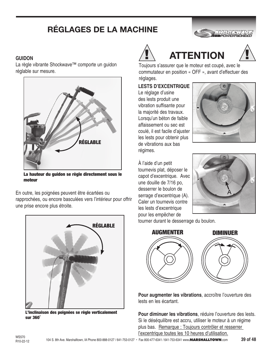 Attention, Réglages de la machine | Marshalltown SW100H Shockwave Vibratory Screed User Manual | Page 39 / 48