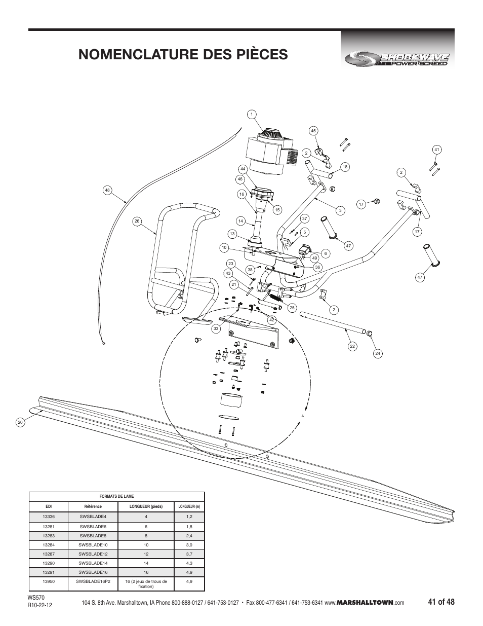 Nomenclature des pièces, 41 of 48 | Marshalltown SW100H Shockwave Vibratory Screed User Manual | Page 41 / 48