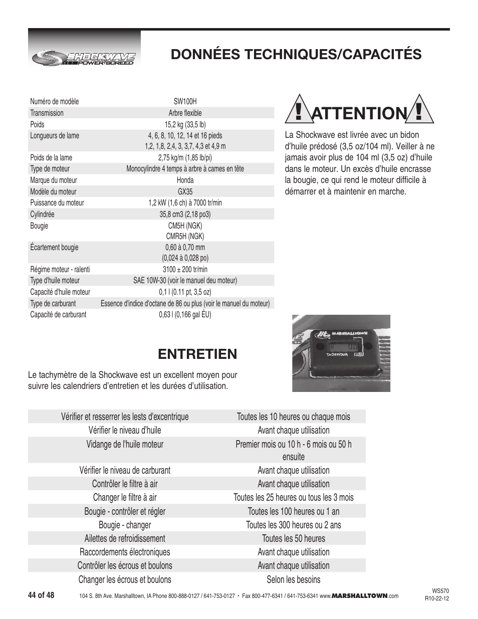 Attention, Données techniques/capacités, Entretien | Marshalltown SW100H Shockwave Vibratory Screed User Manual | Page 44 / 48