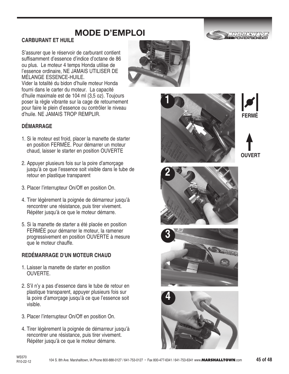 Mode d’emploi | Marshalltown SW100H Shockwave Vibratory Screed User Manual | Page 45 / 48