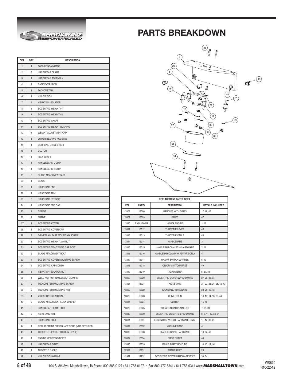 Parts breakdown, 8 of 48 | Marshalltown SW100H Shockwave Vibratory Screed User Manual | Page 8 / 48
