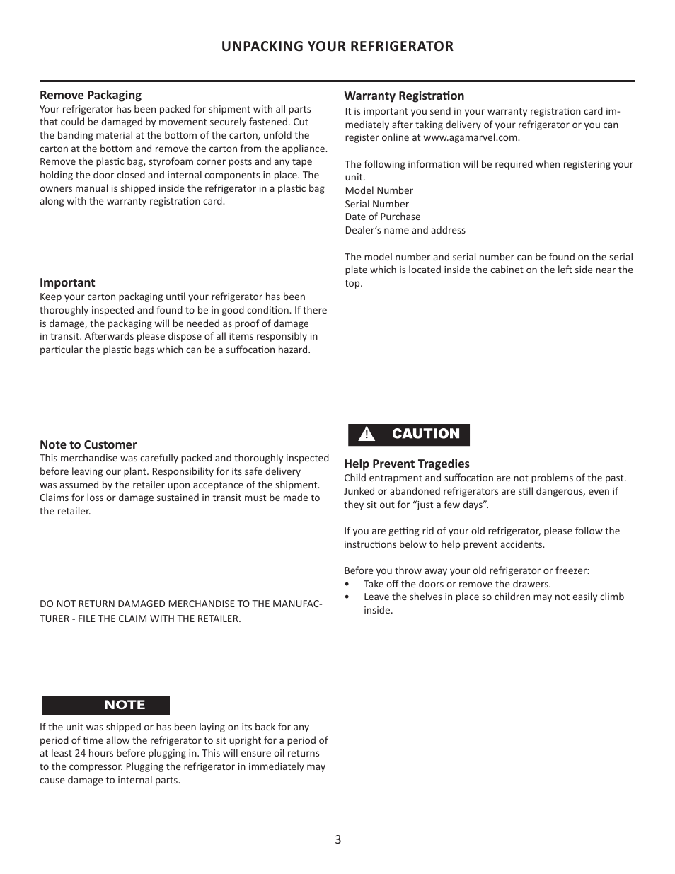 Unpacking your refrigerator | MARVEL Scientific 8CARM User Manual | Page 3 / 20