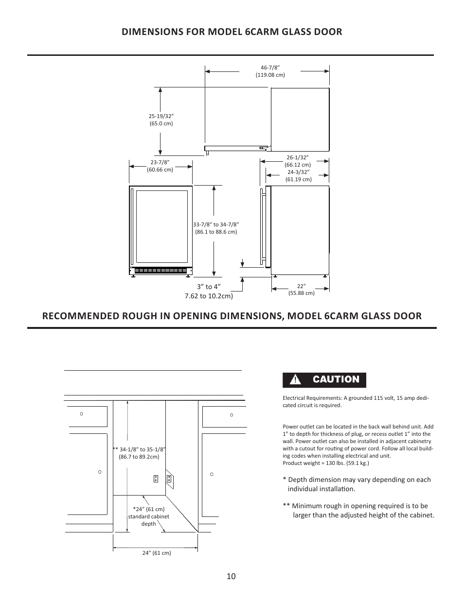 Dimensions for model 6carm glass door | MARVEL Scientific 6CARFM User Manual | Page 10 / 16