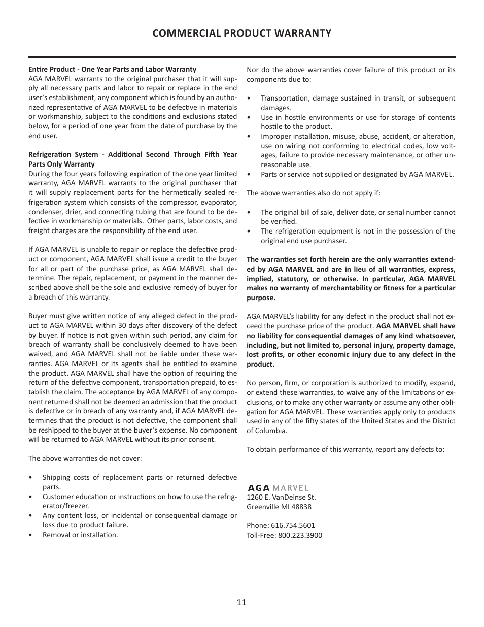 Commercial product warranty | MARVEL Scientific 4EAF User Manual | Page 11 / 12