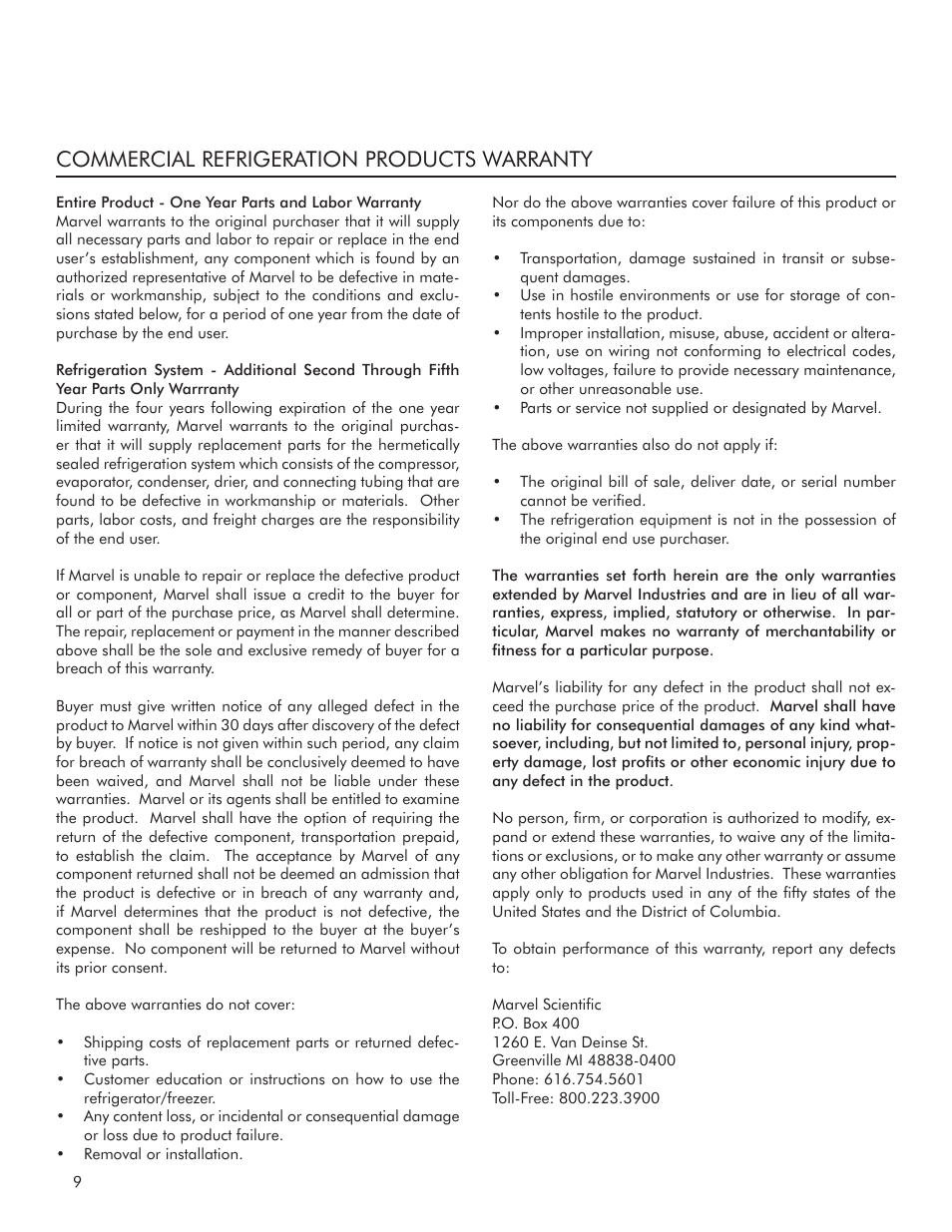 Commercial refrigeration products warranty | MARVEL Scientific 6FAR User Manual | Page 10 / 12