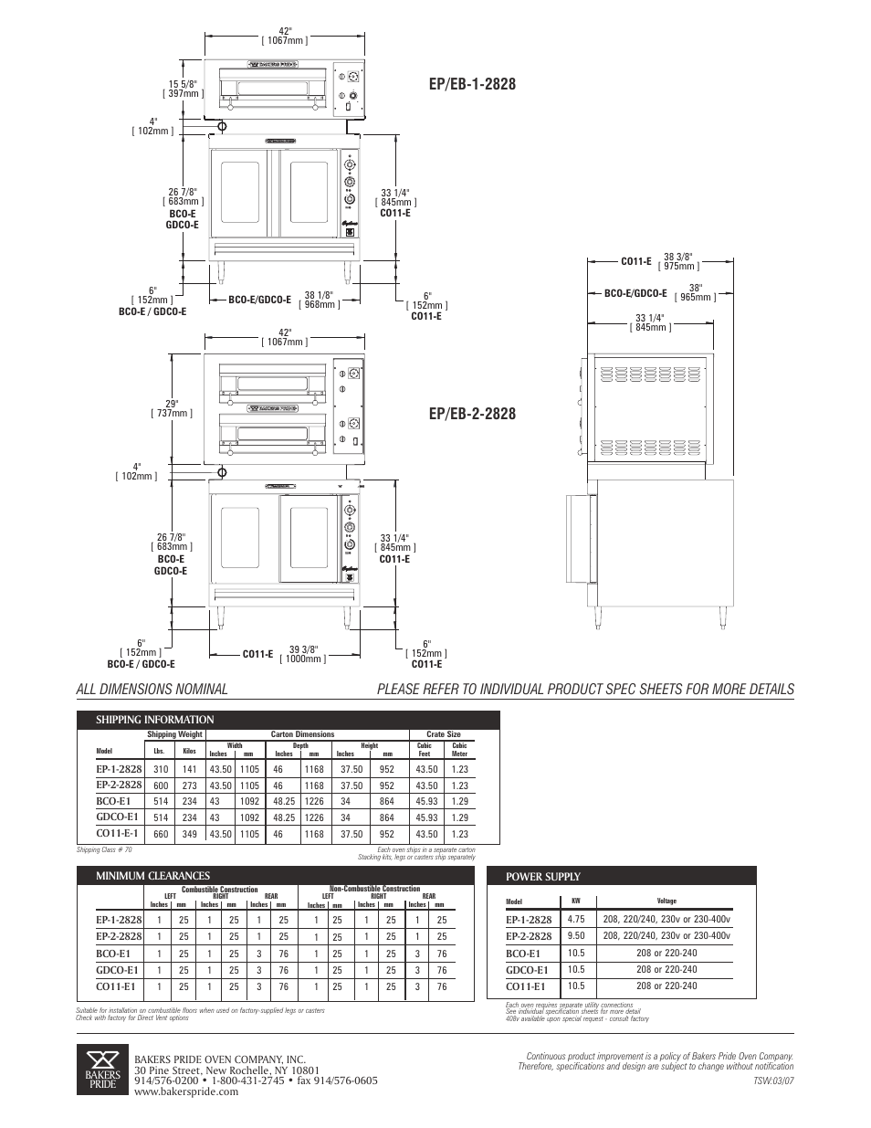 All dimensions nominal | Bakers Pride CO11-E1 User Manual | Page 2 / 2