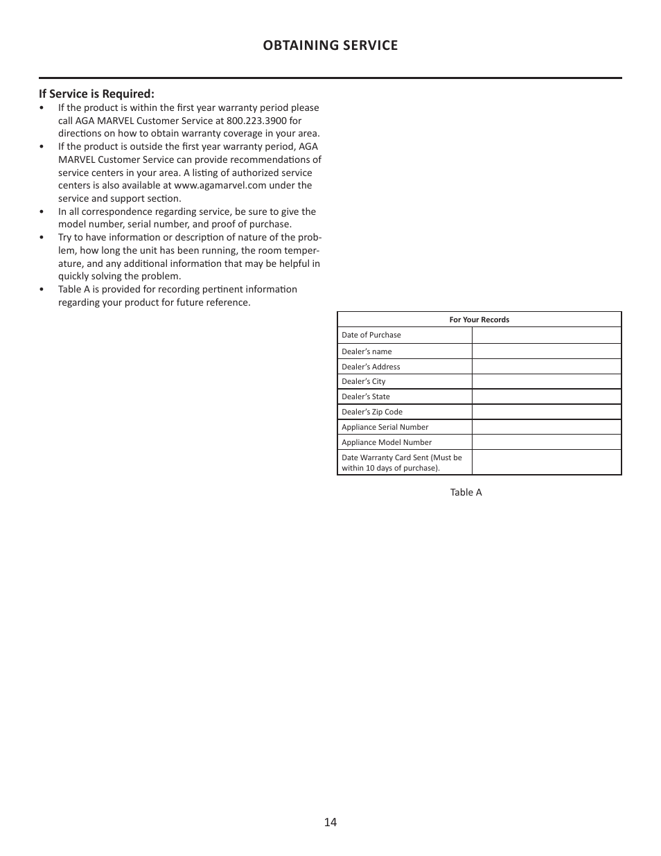 Obtaining service | MARVEL Scientific 8CRF User Manual | Page 14 / 16