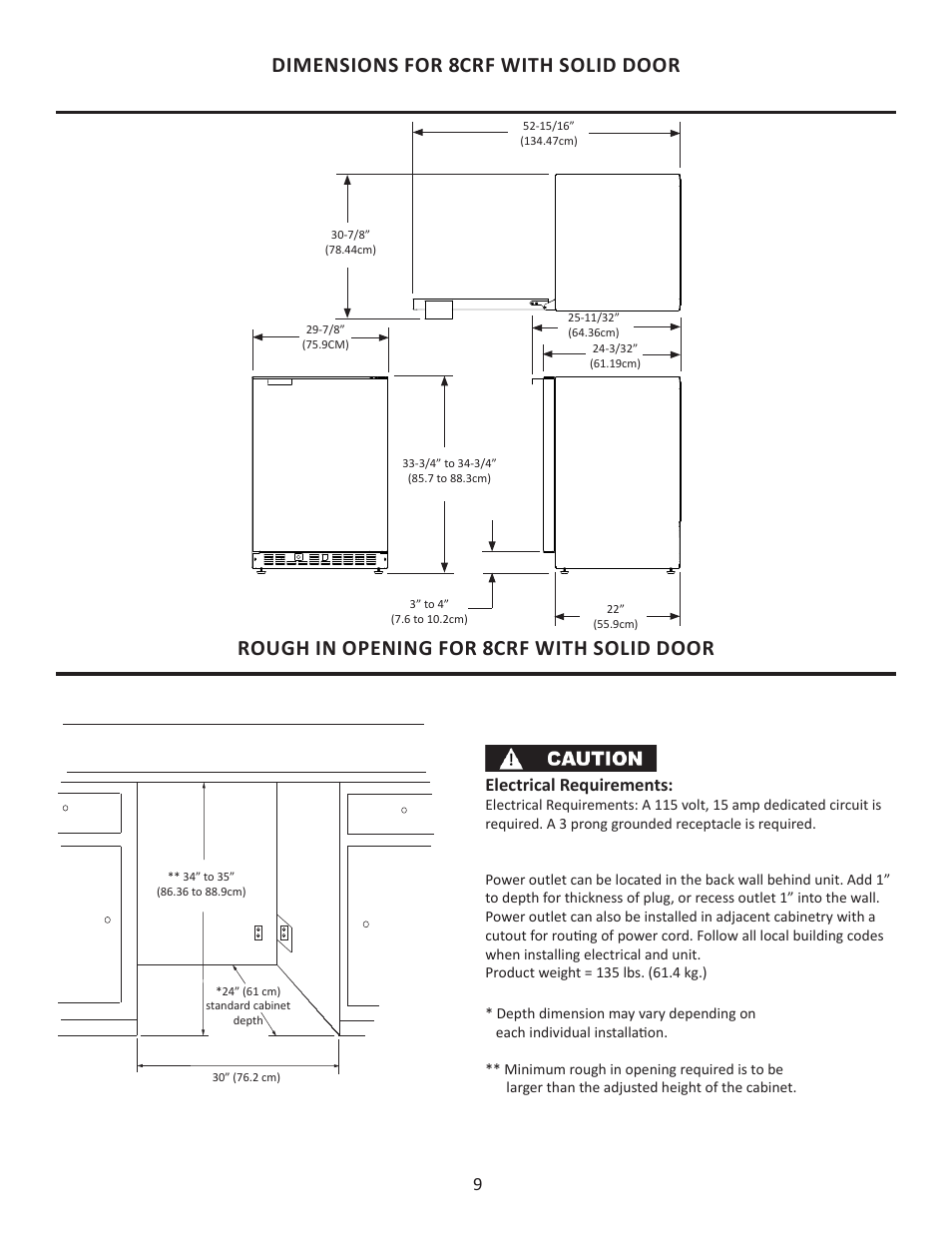 Dimensions for 8crf with solid door, Rough in opening for 8crf with solid door, Electrical requirements | MARVEL Scientific 8CRF User Manual | Page 9 / 16