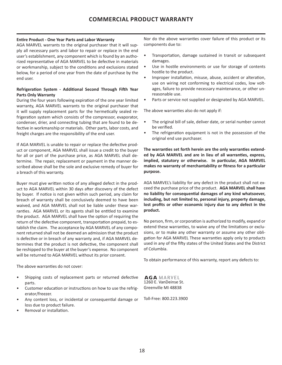 Commercial product warranty | MARVEL Scientific 25CM User Manual | Page 18 / 20