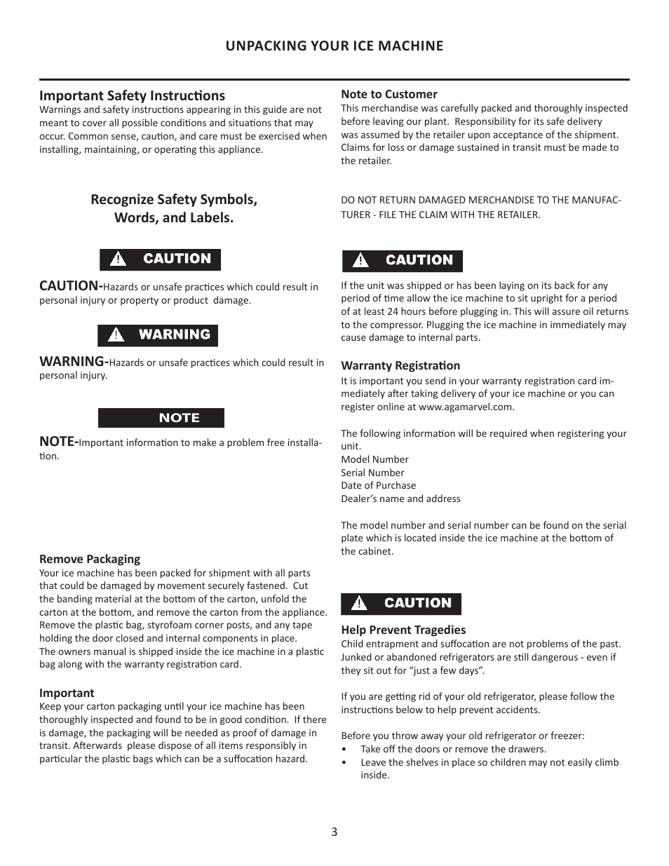 Unpacking your ice machine, Important safety instructions, Caution | MARVEL Scientific 6ADi User Manual | Page 3 / 24