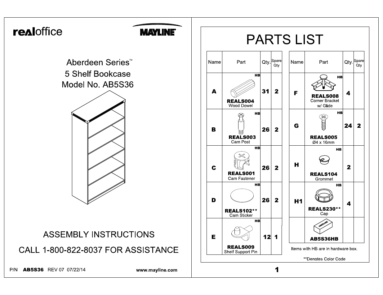 Mayline 5 Shelf Bookcase Aberdeen Series User Manual | 5 pages