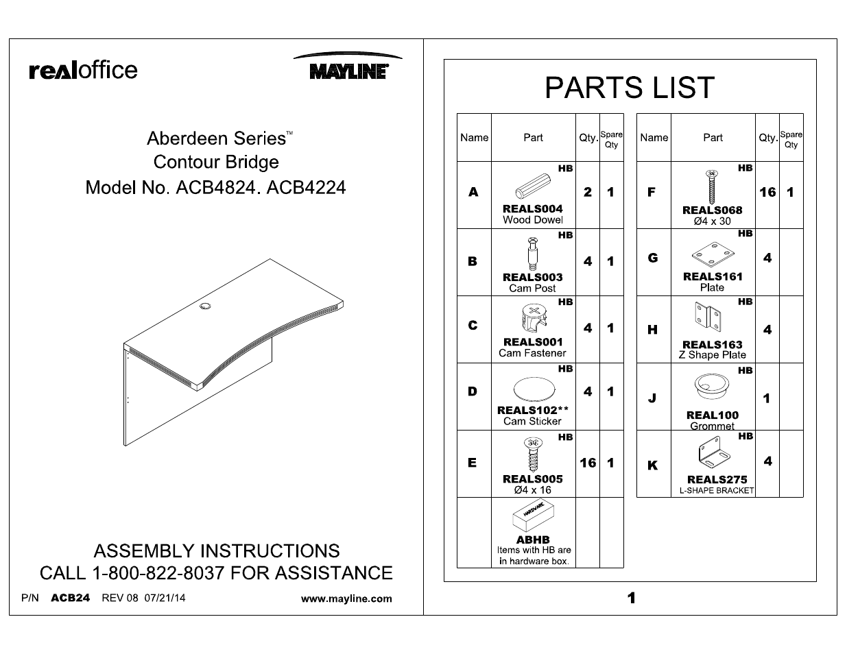 Mayline Contour Bridge Aberdeen Series User Manual | 3 pages