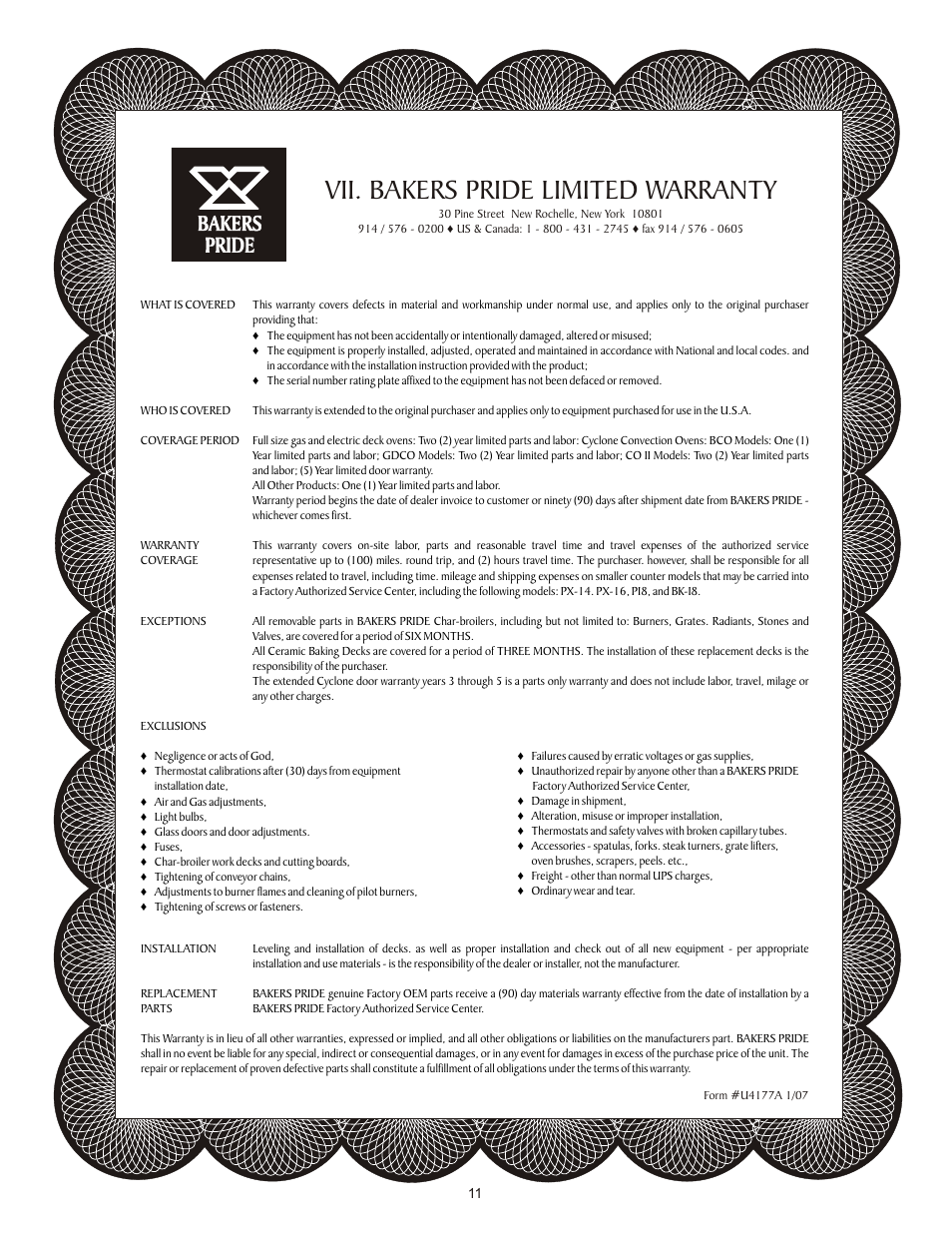 Vii. bakers pride limited warranty | Bakers Pride DANTE L User Manual | Page 11 / 12