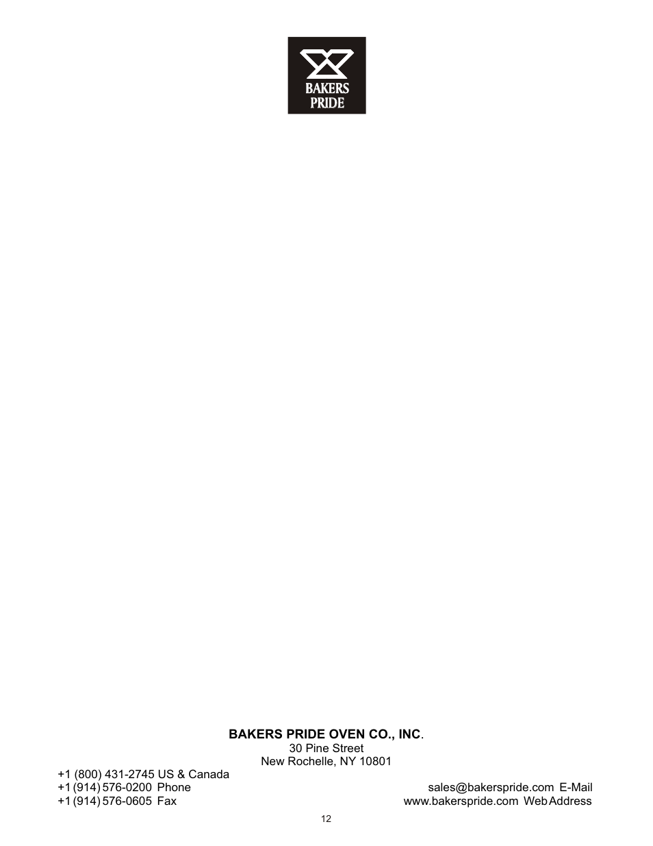 Bakers Pride DANTE L User Manual | Page 12 / 12