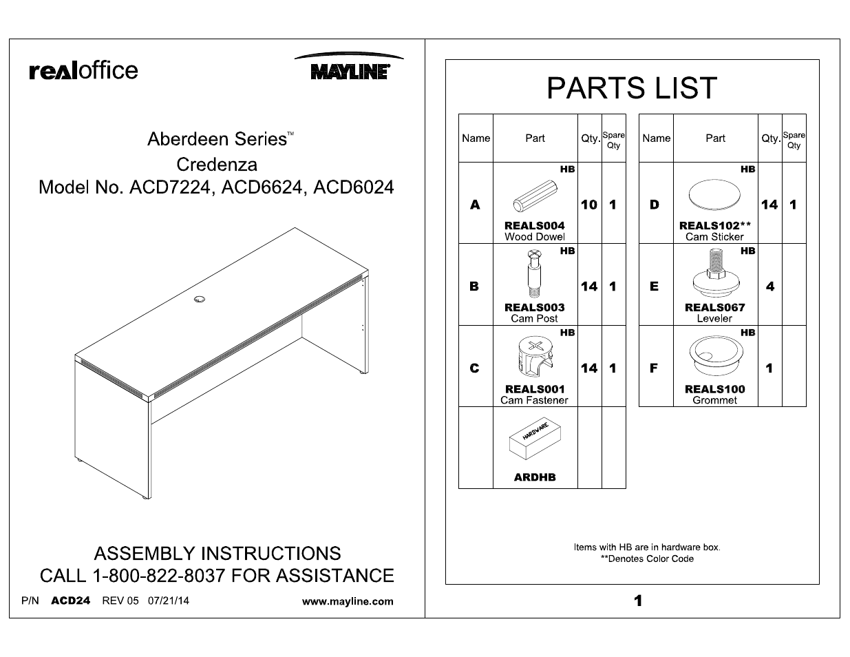 Mayline Credenza Aberdeen Series User Manual | 3 pages