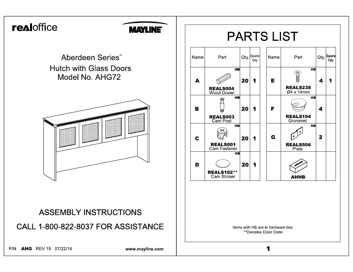 Mayline Desk Mount Hutch - Glass Doors Aberdeen Series User Manual | 5 pages