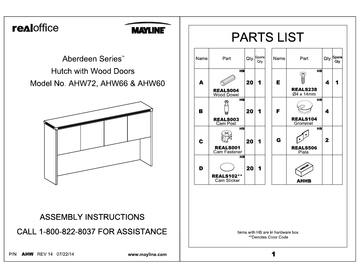 Mayline Desk Mount Hutch - Wood Doors Aberdeen Series User Manual | 5 pages