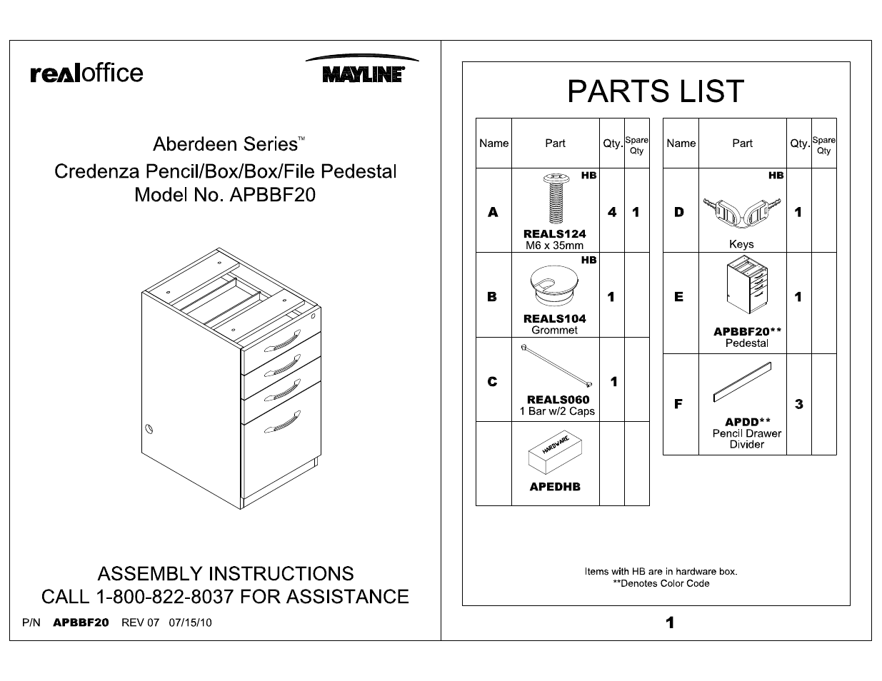 Mayline Desk-Mounted 20" 4-drawer Pedestal Aberdeen Series User Manual | 2 pages