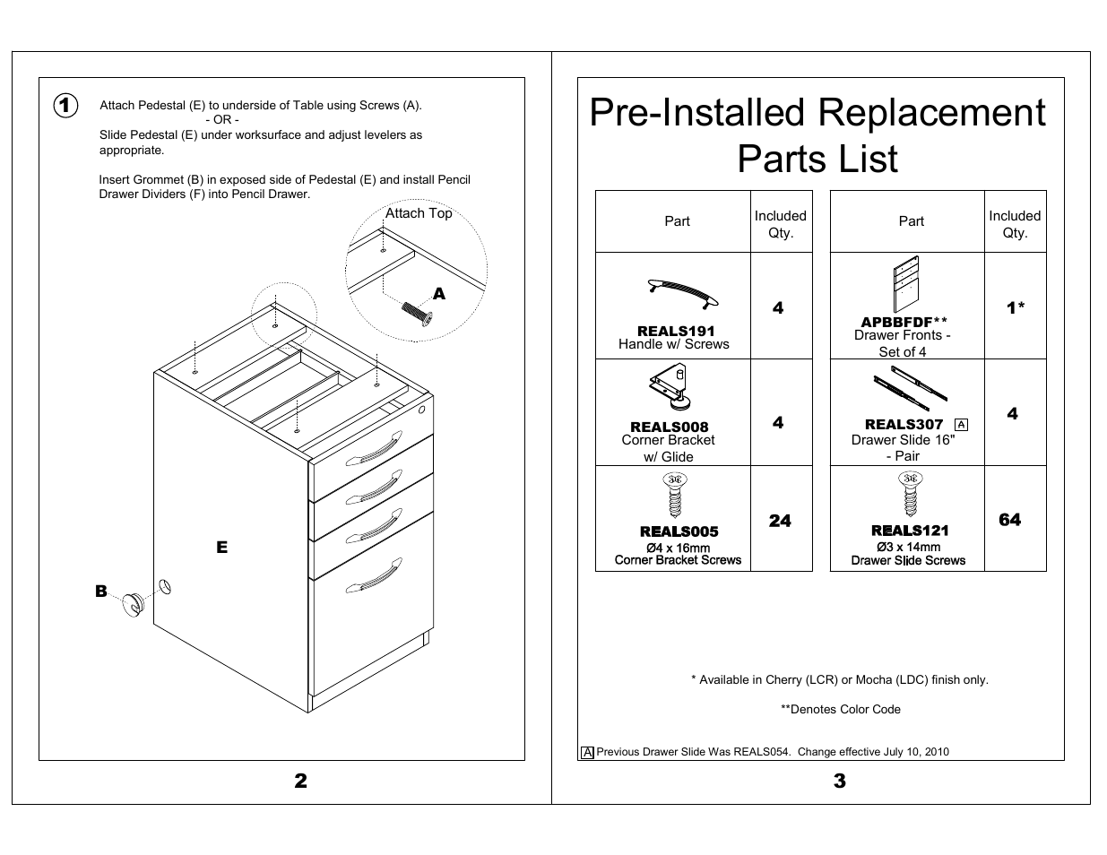 Pre-installed replacement parts list | Mayline Desk-Mounted 20" 4-drawer Pedestal Aberdeen Series User Manual | Page 2 / 2