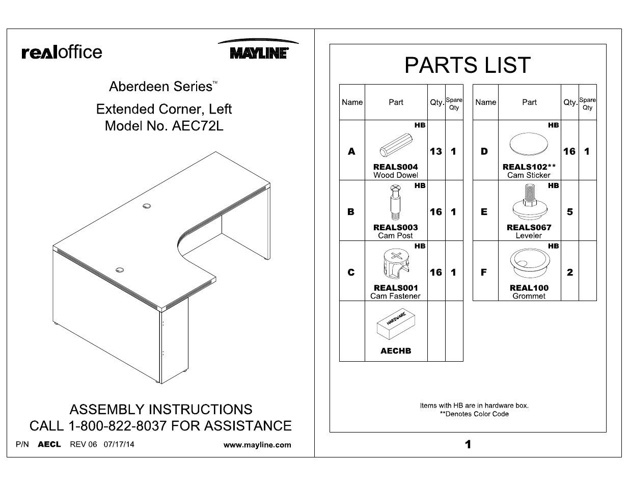 Mayline Extended Corner, Left Aberdeen Series User Manual | 3 pages