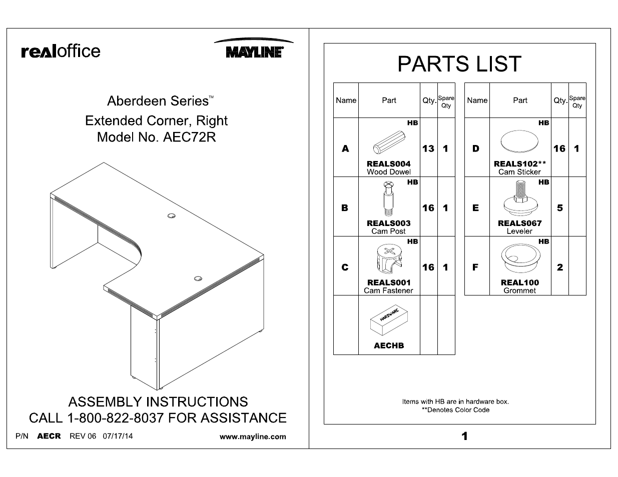 Mayline Extended Corner, Right Aberdeen Series User Manual | 3 pages