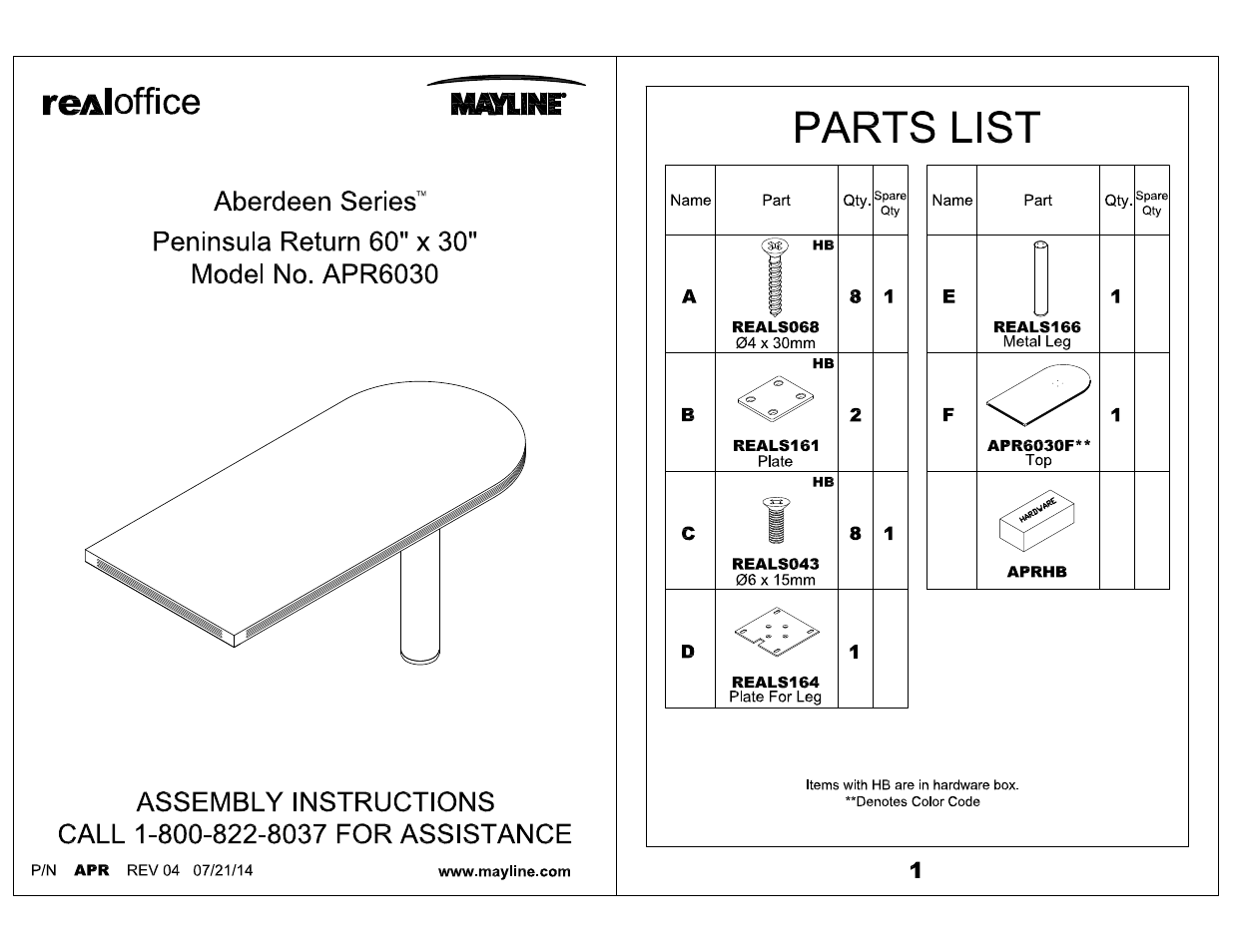 Mayline Peninsula Return 60 x 30 Aberdeen Series User Manual | 3 pages