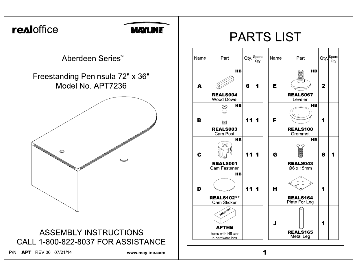 Mayline Peninsula Return 72 x 36 Aberdeen Series User Manual | 4 pages