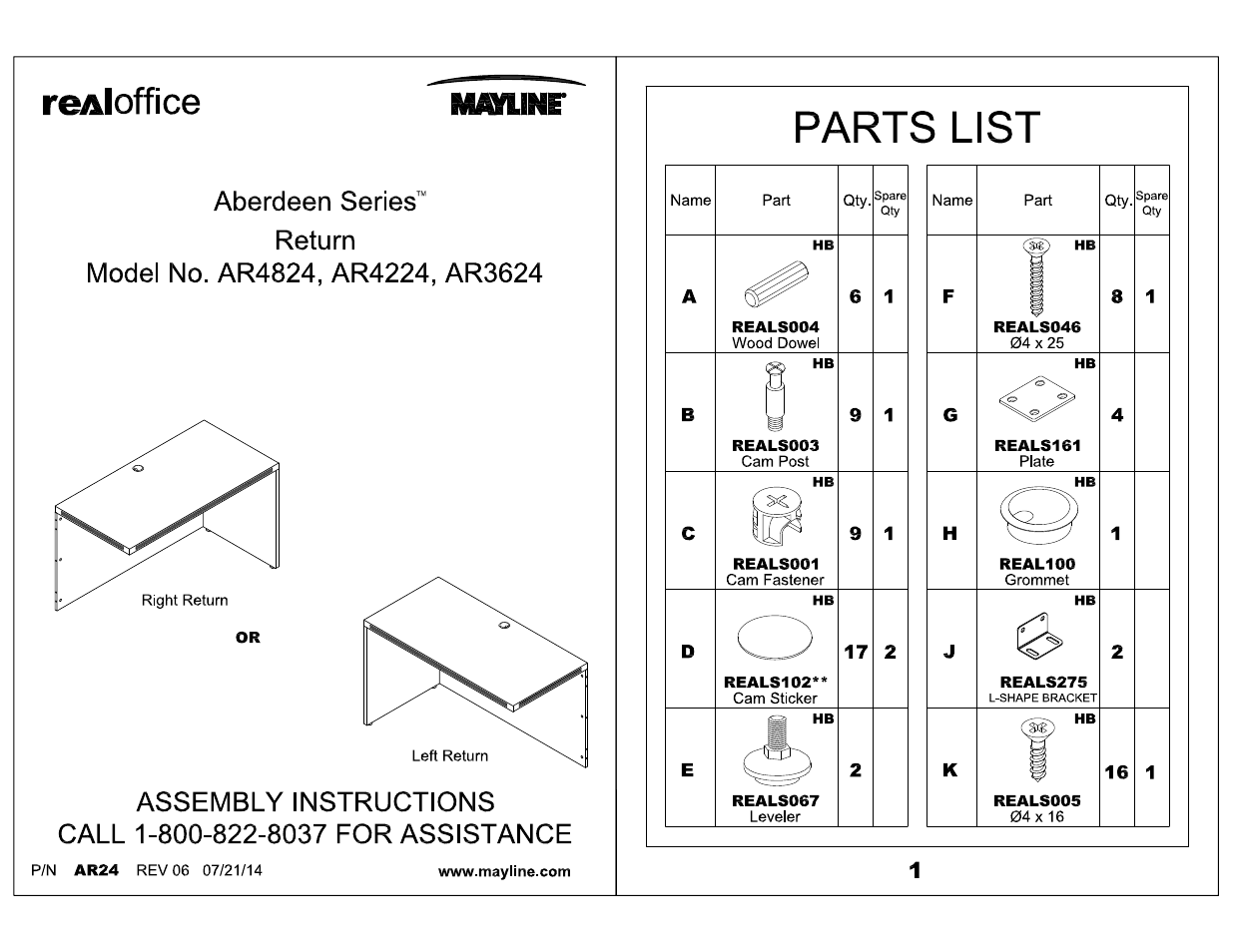 Mayline Return Aberdeen Series User Manual | 4 pages