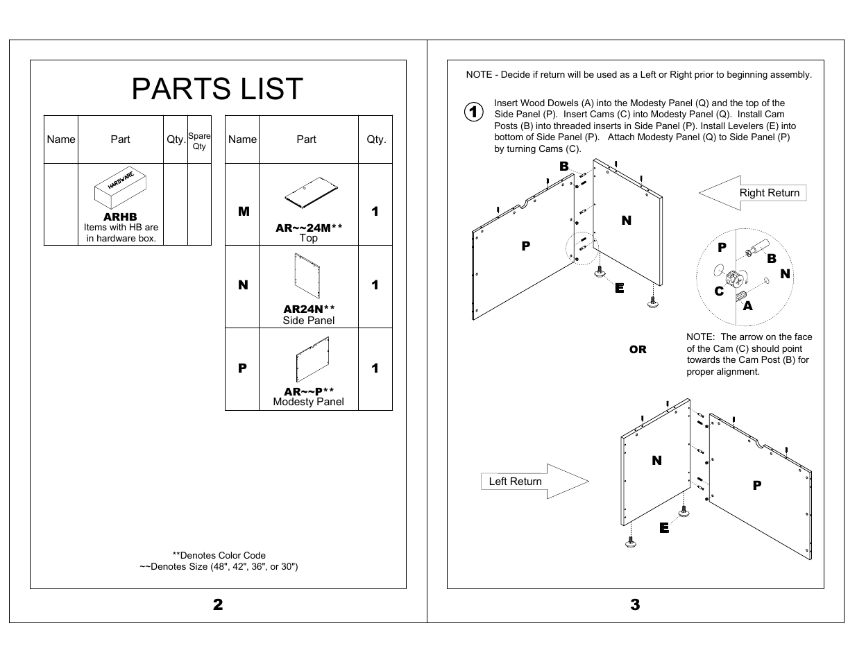 Parts list | Mayline Return Aberdeen Series User Manual | Page 2 / 4